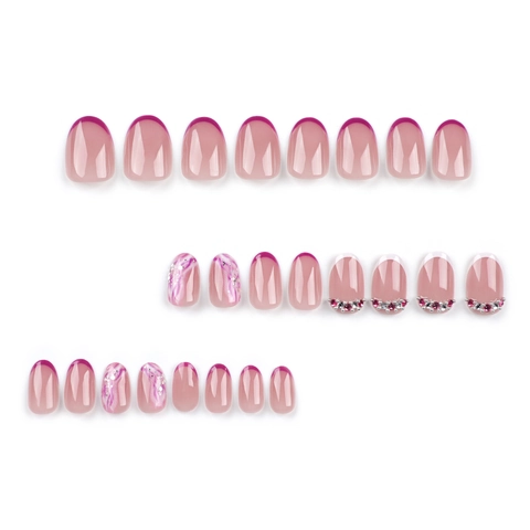 Press On Nägel Kurz Oval French Tips Rosa Lila Marmor Design Strass Glitzer Tragbare Künstliche Nägel Damen