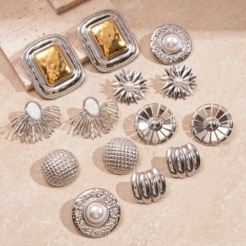 Edelstahl Geometrische Ohrstecker Hammerschlag Textur Vintage High End Mode Schmuck Für Damen