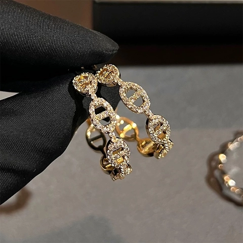 Oval Chain Link Hoop Earrings Copper Paved Cubic Zirconia With Silver Earring Post Elegant High Fashion Jewelry For Women