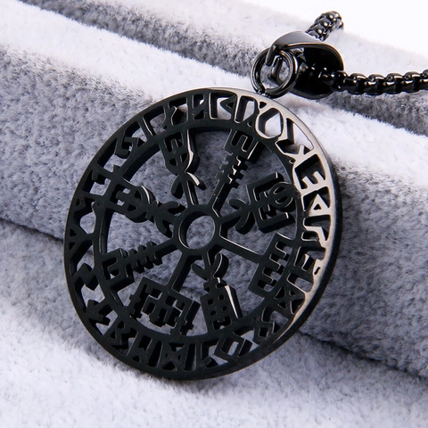 Viking Compass Pendant Necklace Stainless Steel Round Hollow Nordic Rune Retro Jewelry For Men Women