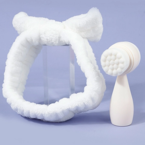 Facial Cleaning Brush And Bowknot Headband Double Sided Silicone Manual Face Scrubber Coral Fleece Hair Band Skin Care