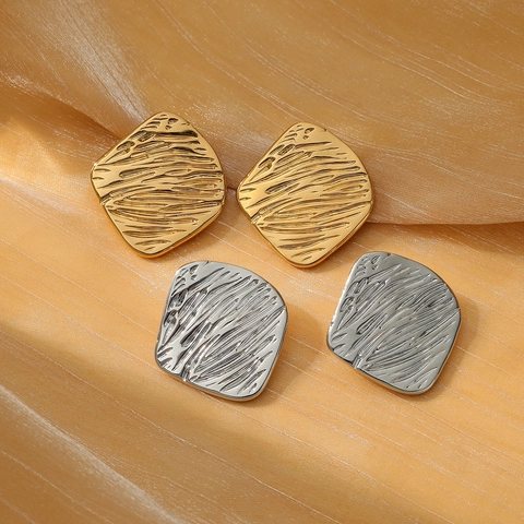 Geometric Square Stud Earrings Stainless Steel 18K Gold Plated Hammered Wrinkled Texture Vintage Minimalist For Women