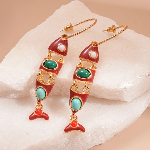 Orecchini Pendenti A Pesce In Smalto Lega Pietra Preziosa Stile Etnico Retro Gioielli Con Perno In Argento Per Donna