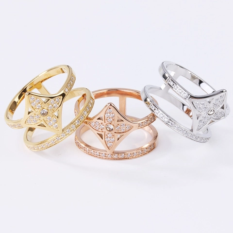 Floral Ring Titanium Steel Zircon Inlaid Double Layer Jewelry For Women Elegant Retro Style Finger Accessory