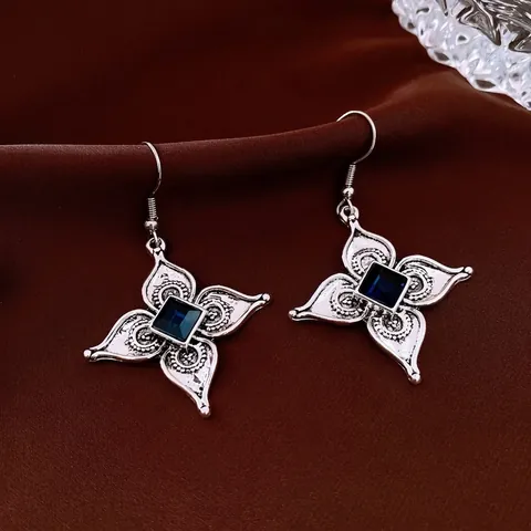 Retro Ethnic Flower Pendant Dangle Ear Hook Earrings With Blue Square Crystal Alloy And 925 Sterling Silver Earring Post