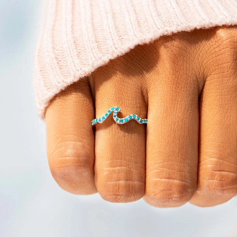 925 Sterling Silver Wave Ring For Women Simple Adjustable Blue Rhinestone Inlaid Fashion Jewelry Finger Ring Gift