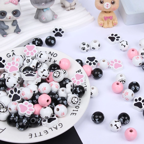 Natural Wood Beads Pet Theme Dog Bone Cat Paw Prints Round Spacer Beads DIY Jewelry Making Craft Accessories Colorful