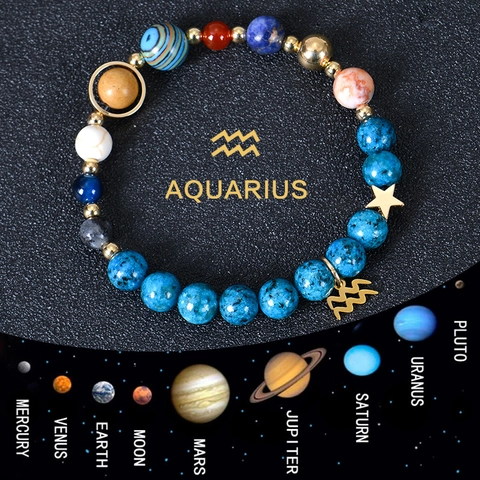 Zodiac Sign Beaded Bracelet Natural Stone Galaxy Solar System Planet Star Charm Alloy Spacers Celestial Jewelry Unisex