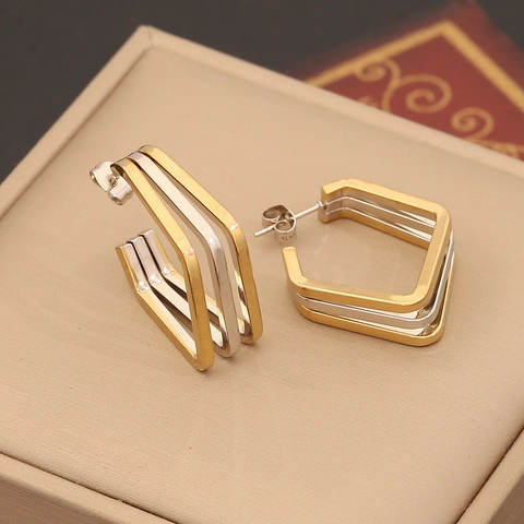 Geometric Stud Earrings With Stainless Steel Earring Post Bicolor Gold And Silver Plated Multi Layered C Shape Fashion For Women