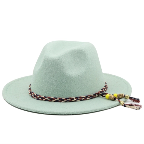 Cappello Fedora In Feltro Di Lana A Tesa Larga Stile Britannico Vintage Con Fascia Intrecciata Colorata Nappina Etnico