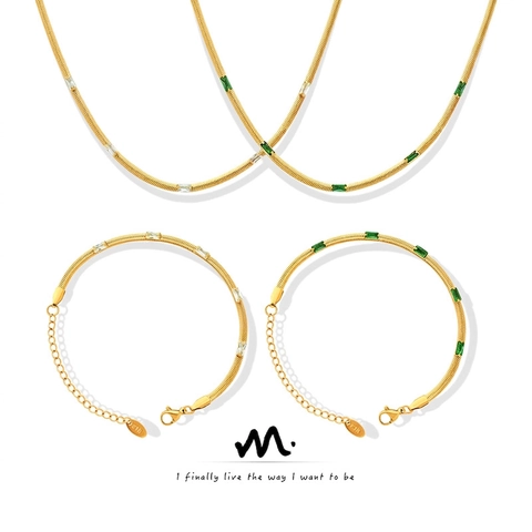 Collana E Bracciale In Acciaio Al Titanio Placcato Oro 18K Per Donna Con Zircone Rettangolare Verde Bianco Gioielli