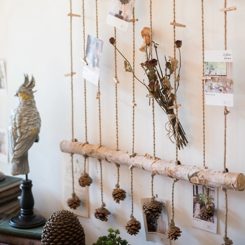 Wall Hanging Photo Display Rack Birch Wood With Hemp Rope And Wooden Clips Pine Cones Boho Rustic Home Wall Decor