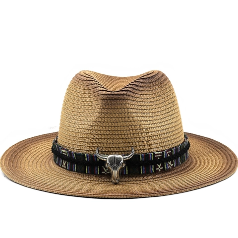 Straw Fedora Hat Wide Brim Gradient Western Cowboy Bull Head Ornament Ethnic Band Sun Protection Outdoor Travel