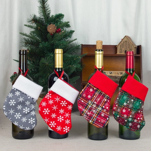 Mini Christmas Stocking Socks Plaid Snowflake Pattern Fabric Ornaments For Tree Hanging Cutlery Holder Table Decor