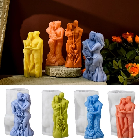 Silikon Kerzenform 3D Paar Umarmung Kuss Menschliche Körperkunst Rose Blume Für DIY Handgemachte Duftende Gips Statue Herstellung