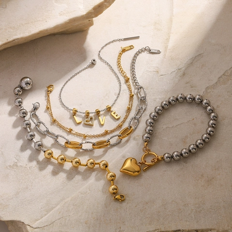 Bracciale Perline Acciaio Inossidabile Oro Argento Bicolore Pendente Cuore Lettera LOVE Malocchio Perla Artificial Gioielli