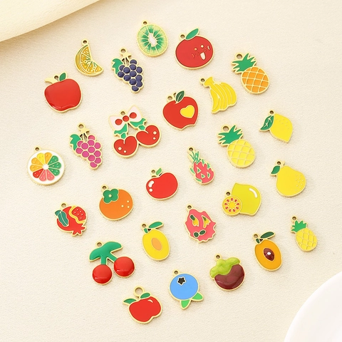 Pendentifs De Fruits En Émail En Acier Inoxydable Plqué Or 18K Pomme Ananas Raisin Pour La Fabrication De Bijoux DIY