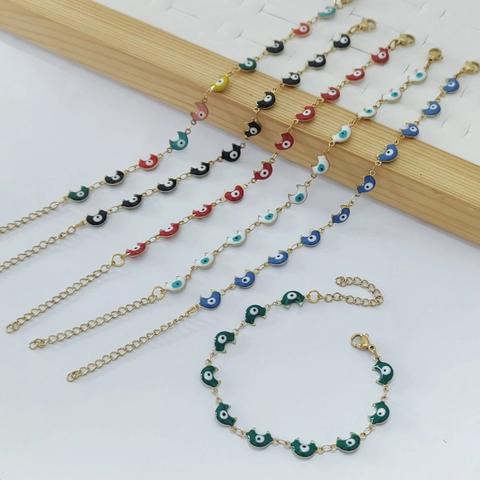 Stainless Steel Evil Eye Moon Bracelet Colorful Enamel Adjustable Chain Jewelry For Women Nazar Protection Gift Gold Silver Plated