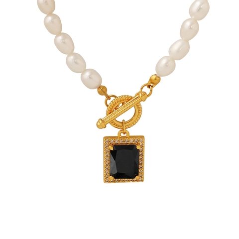 Collier Perles Eau Douce Vintage Plaqué Or Acier Inoxydable Fermoir Cabillot Avec Pendentif Zircon Noir Pour Femme