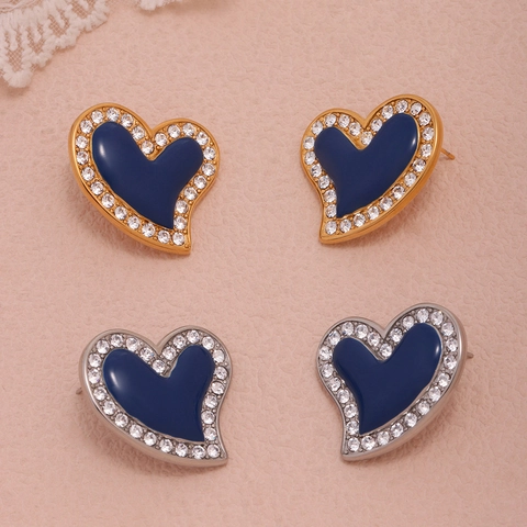 Heart Stud Earrings Stainless Steel 18K Gold Plated Blue Enamel Zircon Inlaid Fashion Elegant Jewelry For Women