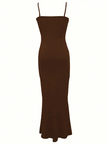 Vestido Largo Ajustado Sin Mangas Camisola Corte Entallado Cintura Alta Poliéster Elastano Color Sólido Para Mujeres