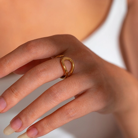 Vintage Stainless Steel Open Ring Gold Plated Adjustable Geometric Feather Leaf Woven Sun Pattern Fashion Jewelry For Women