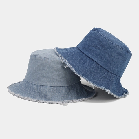 Vintage Frayed Raw Edge Denim Bucket Hat For Women Solid Color Washed Cotton Sun Protection Outdoor Casual Basin Hat