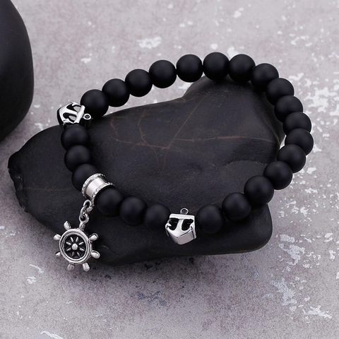Men Beaded Bracelet With Stainless Steel Anchor Helm Charms Matte Black Agate Stone Nautical Sailor Style Retro