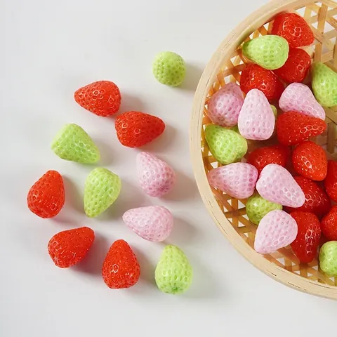 Artificial Strawberry PVC Mini Fruit Model DIY Dollhouse Cake Decor Photo Props Bag Keychain Pendant Textured Colorful