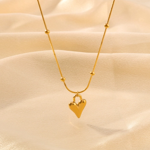 Heart Pendant Necklace 18K Gold Plated Titanium Steel Snake Chain With Beads Elegant French Style Jewelry For Women