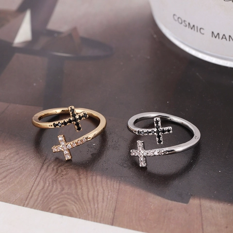 Anello Aperto Doppia Croce Rame Zircone Strass Intarsiato Regolabile Vintage Minimalista Chic Gioielli Per Donna