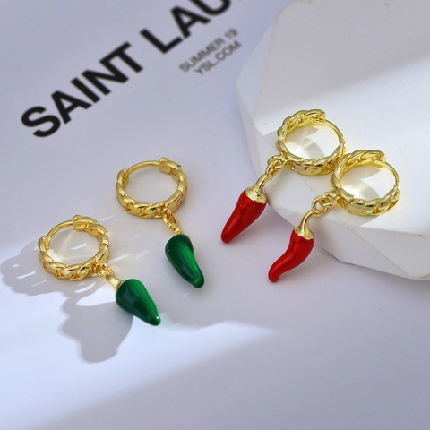 Creatieve Chilipeper Ring Oorbellen Verguld Koper Emaille Groente Hanger Oorbellen Voor Vrouwen Mode Sieraden