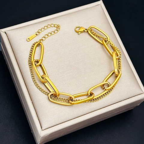 Bracciale a Catena a Doppio Strato Punk da Donna in Acciaio al Titanio Inossidabile Catena a Maglie Geometriche Oro Argento Regolabile Gioielli Regalo