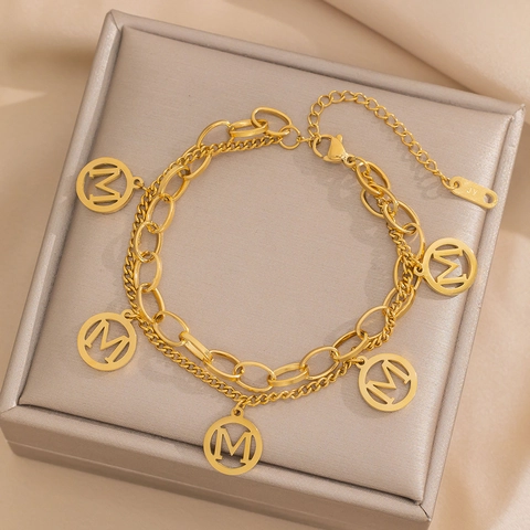 Double Layer Chain Bracelet Stainless Steel Letter M Pendant 18K Gold Plated Fashion Jewelry Accessories For Women