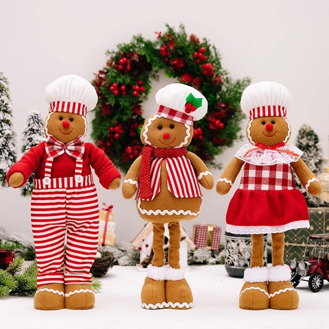 Christmas Gingerbread Man Plush Dolls Extendable Standing Ornaments Chef Hat Design Festive Holiday Home Table Decorations