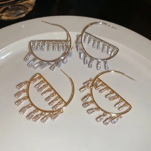 Geometrische Halbkreis Quasten Ohrringe Mit 925 Sterling Silber Ohrstecker Kupfer Eingelegten Rechteckigen Zirkonia