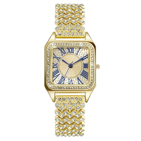 Orologio Al Quarzo Da Donna Lusso Quadrante Quadrato Con Strass Cinturino In Lega Numeri Romani Elegante Da Polso