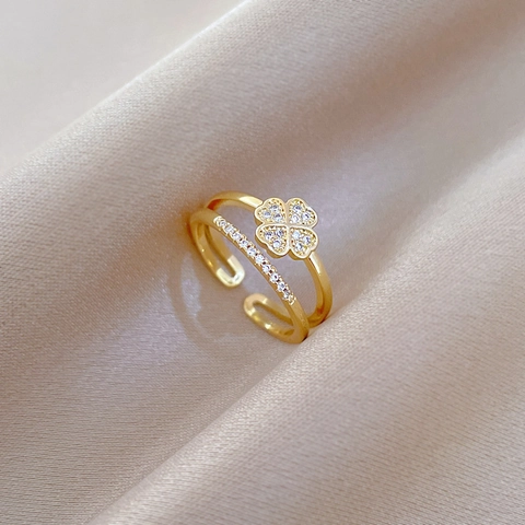 Four-leaf Clover Ring Zircon Inlaid Gold Plated Brass Double Layer Adjustable Opening Elegant Jewelry For Women
