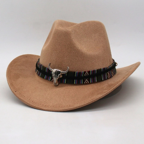 Western Cowboy Hat Faux Suede Retro Ethnic Woven Band With Bull Head Metal Accessory Wide Rolled Brim Vintage