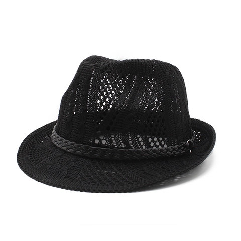 Opengewerkte Gebreide Fedora Hoed Ademend Zonbescherming Jazz Panama Pet Met Gevlochten Band Voor Heren Dames Zomer