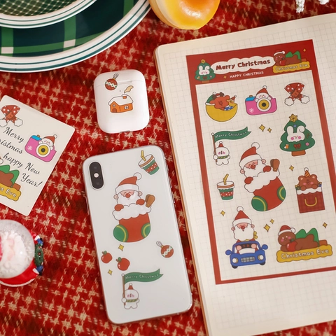 Christmas Stickers Cartoon Santa Reindeer PET Waterproof Decals For Journal Scrapbooking DIY Decoration Cute Aesthetic