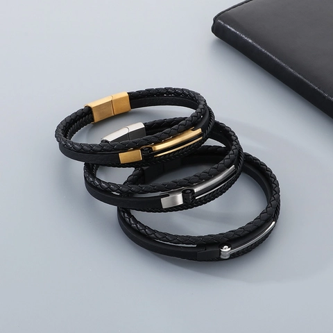 Pulsera Para Hombre De Cuero Microfibra Trenzado Multicapa Con Cierre Magnético De Acero Inoxidable Joyería Punk