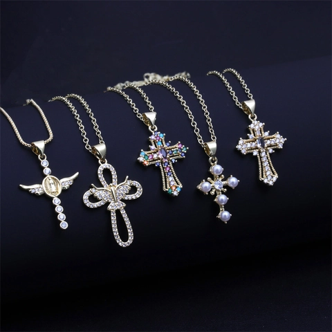 Vintage Koperen Kruis Hanger Halsketting Met Zirconia En Kunstparel Vergulde Box Ketting Religieuze Sieraden Voor Heren Dames