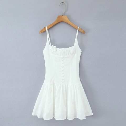 Weißes Mini-Kleid Mit Blumenstickerei Und Hohlsaum Süßes Französisches Design Ärmelloses Kleid Für Damen