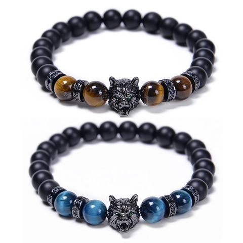 Men Wolf Head Beaded Bracelet Natural Tiger Eye Stone Matte Black Agate Copper Zircon Elastic Fashionable Jewelry