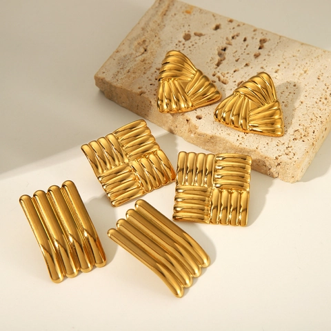 Stainless Steel Geometric Stud Earrings For Women Vintage Gold Silver Plated Textured Triangle Square Rectangular Earrings