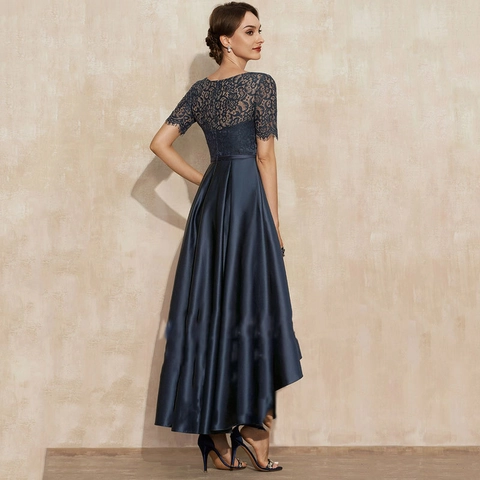 Abito Da Sera Blu Marino Pizzo Satén Collo Rotondo Manica Corta Orlo Alto-Basso Vestito Da Festa Con Tasche Donna