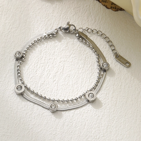 Stainless Steel Double Layer Bracelet With Roman Numerals Rhinestone Pendant For Women Gold Silver Fashion Jewelry