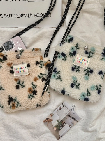 Sac Bandoulière En Peluche Fleurie Polaire Sherpa Mini Pochette Épaule Pour Téléphone Avec Bandoulière Corde Femmes