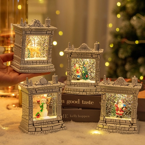 Vintage White Crackle Fireplace Christmas Snowing Globe Lamp LED Lighted Water Glittering Ornament Santa Reindeer Decor Gift